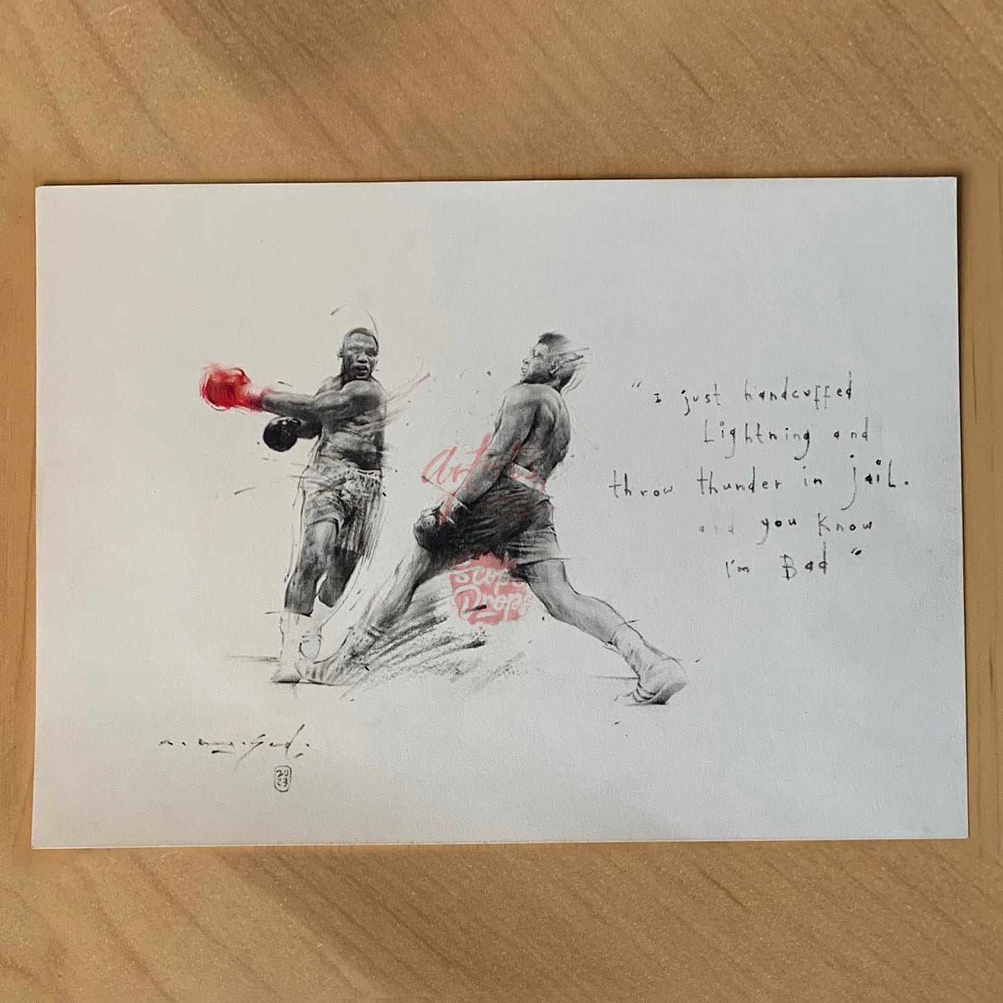 Charcoal and colored pencil drawing of a heavyweight boxing title fight, titled 'Heavyweight Title Fight II,' on Strathmore paper, 12 x 8.5 inches, showcasing the intensity of the ring.