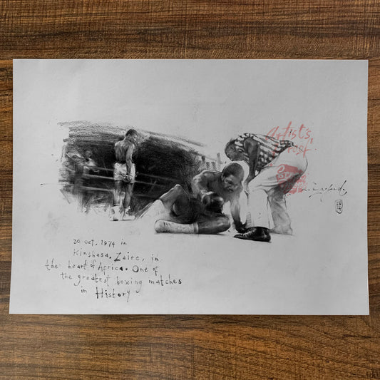 Charcoal and colored pencil drawing of a heavyweight boxing title fight, titled 'Heavyweight Title Fight II,' on Strathmore paper, 12 x 8.5 inches, showcasing the intensity of the ring.
