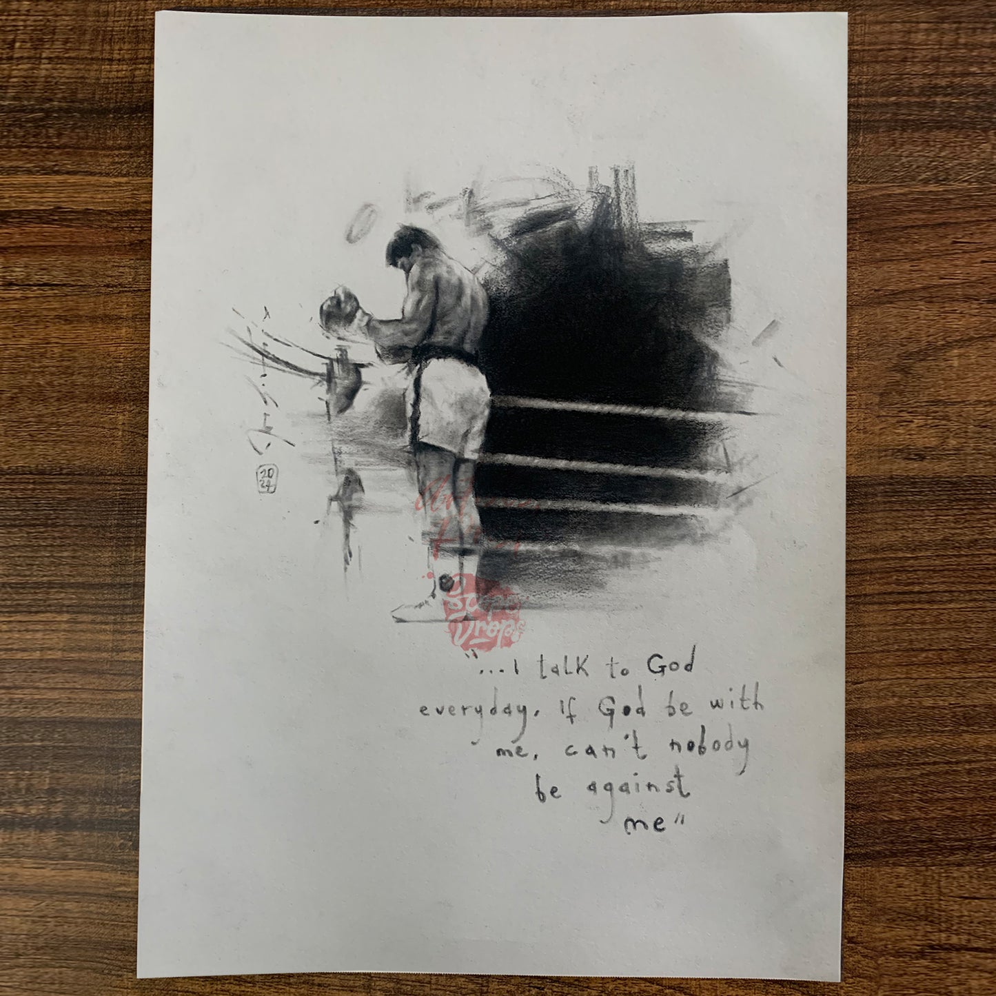 Charcoal and colored pencil drawing of a heavyweight boxing title fight, titled 'Heavyweight Title Fight II,' on Strathmore paper, 12 x 8.5 inches, showcasing the intensity of the ring.