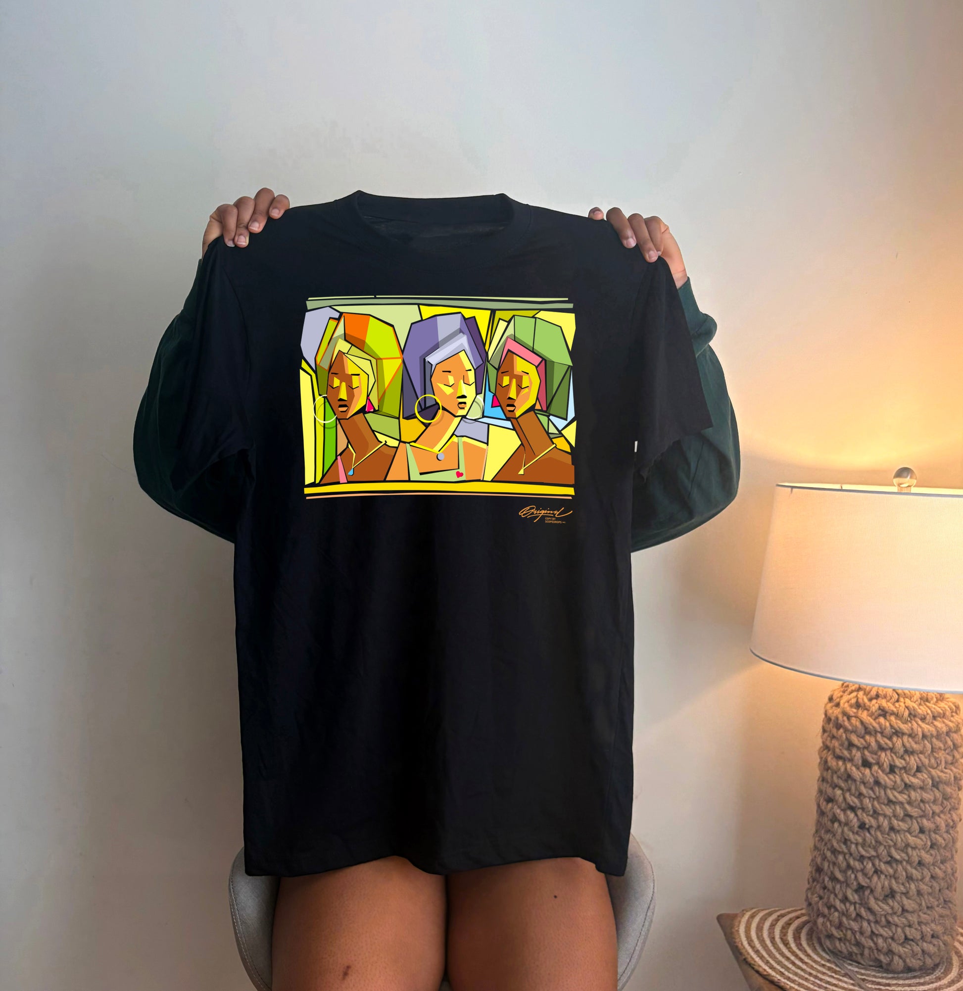 Abstract Harmony Graphic T-Shirt featuring colorful geometric portrait artwork on premium black cotton tee.