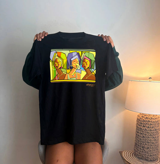 Abstract Harmony Graphic T-Shirt featuring colorful geometric portrait artwork on premium black cotton tee.